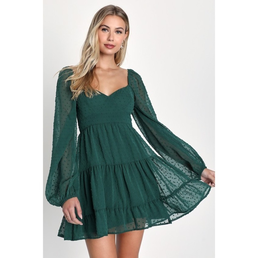 Lulus Longing And Love Emerald Swiss Dot Puff Long Sleeve Mini Dress Green
